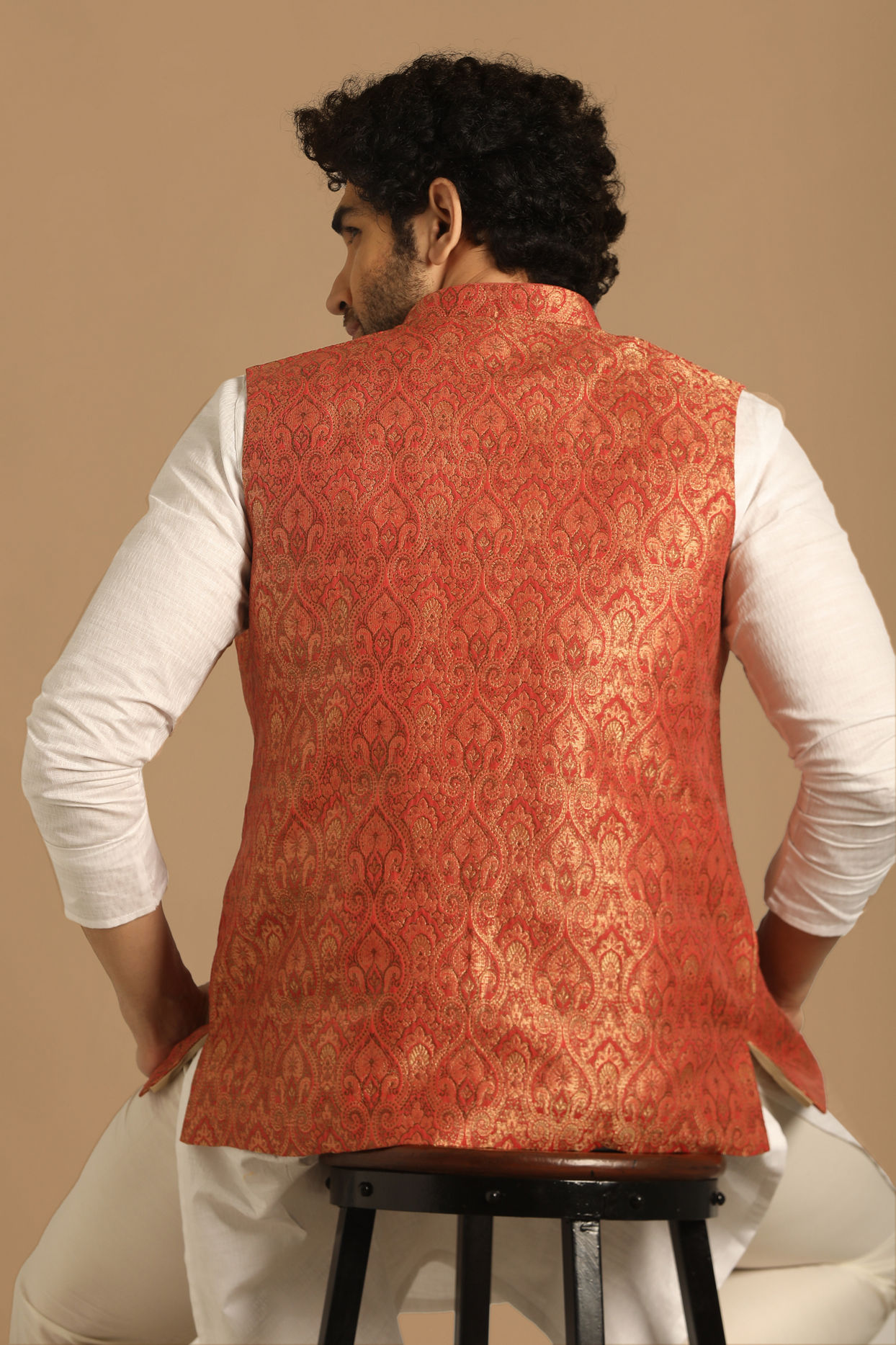 Manyavar Men Rust Self Design Jacket