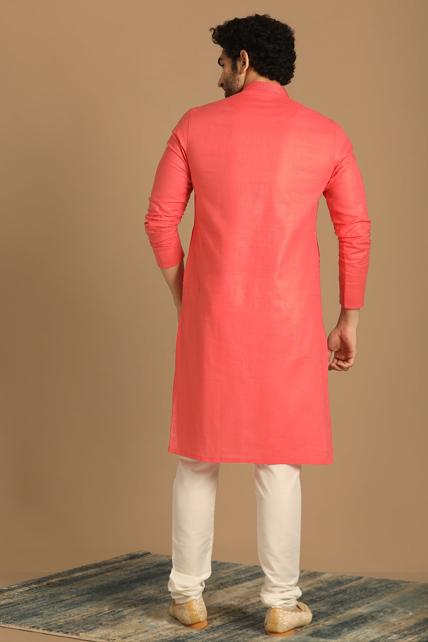 Manyavar Men Rani Pink Cotton Blend Kurta Pajama