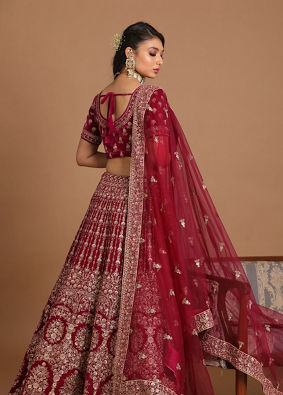 Mohey Women Velvet Wine Red Bridal Lehenga image number 2