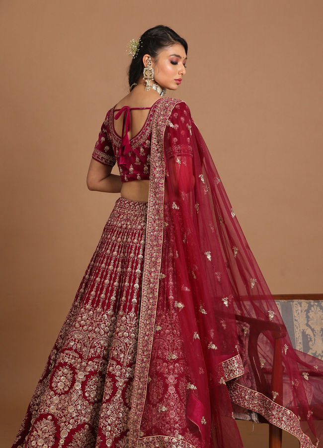 alt message - Mohey Women Velvet Wine Red Lehenga image number 2