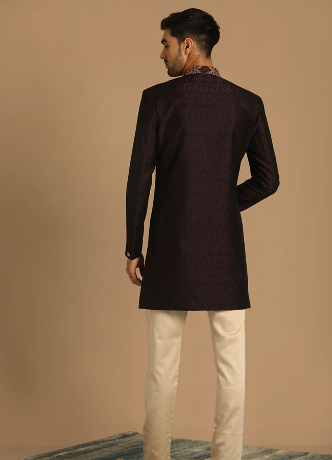 Manyavar Men Wine Indo Western Set With Dupatta