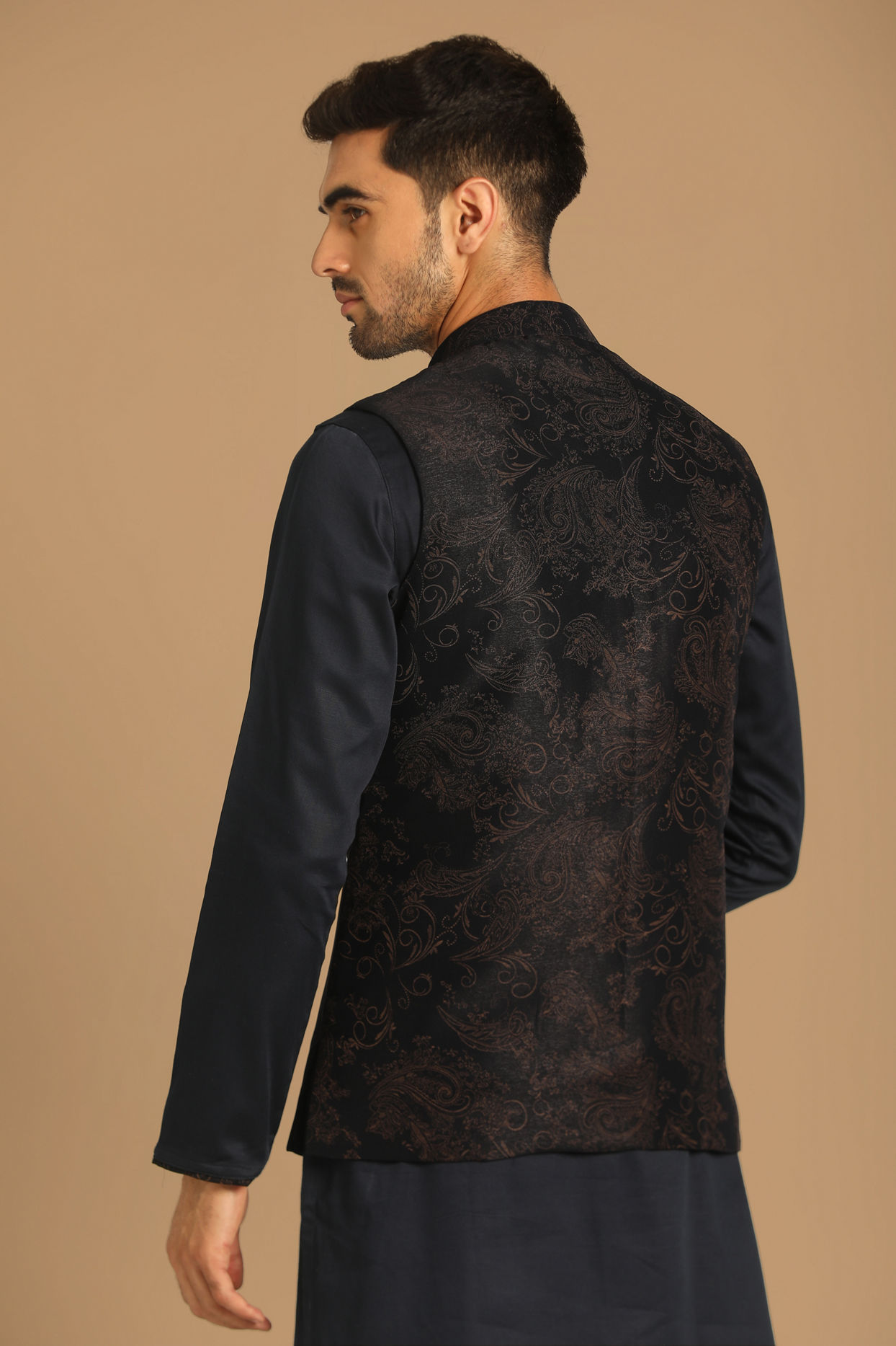 Manyavar Men Short Fit Blue Kurta Jacket Set