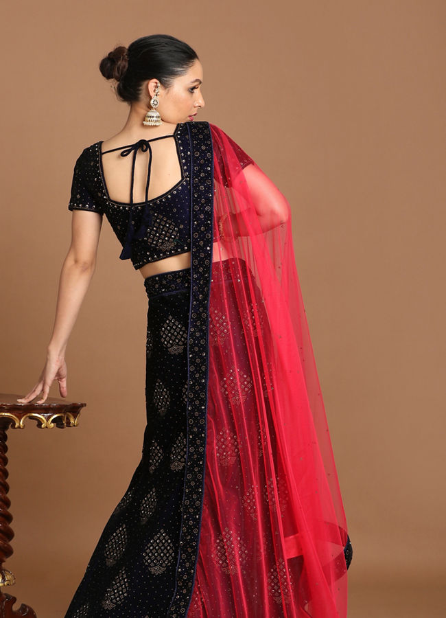 Mohey Women Luxurious Indigo Blue Velvet Lehenga