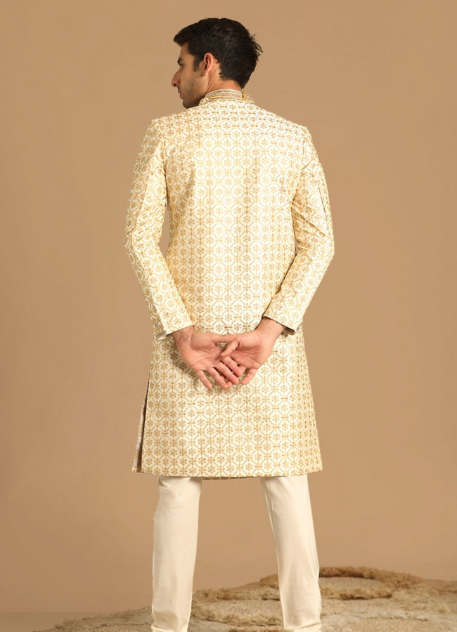 Manyavar Men Floral Work Cream Sherwani