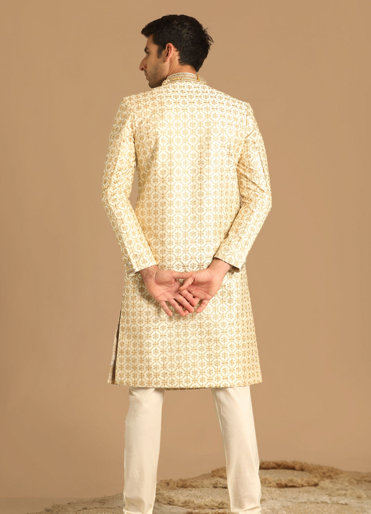 Manyavar Men Floral Work Cream Sherwani