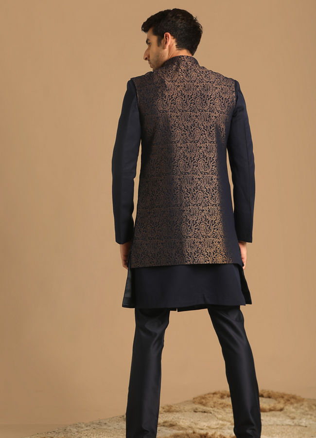 alt message - Manyavar Men Dark Blue Jacquard Layered Indo Western image number 2