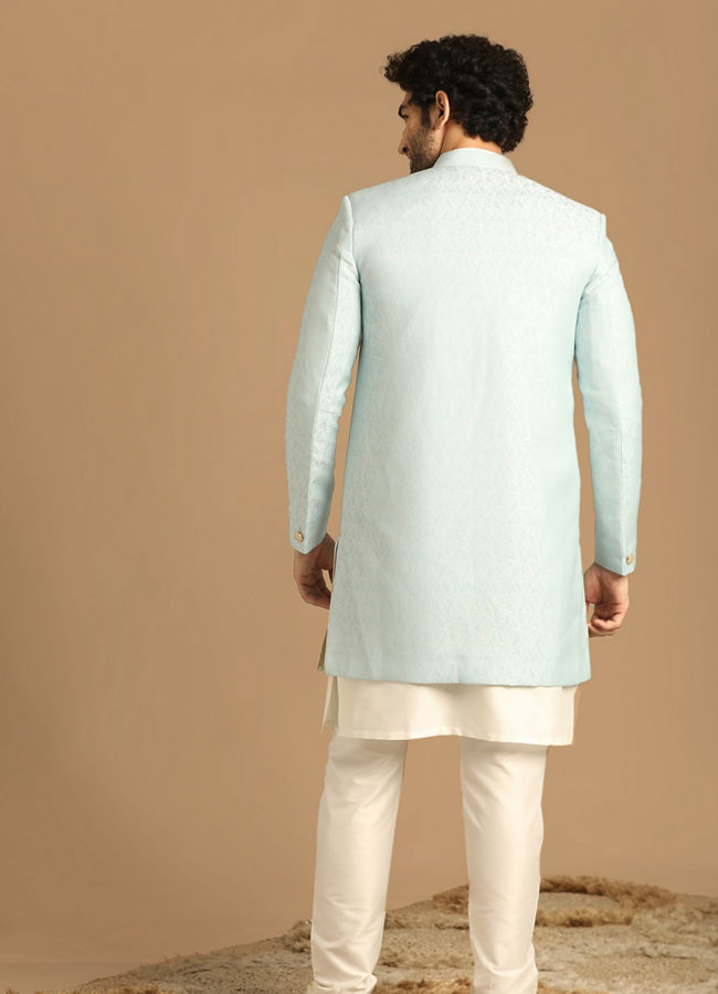 Manyavar Men Lavish Light Blue Indo Western Set