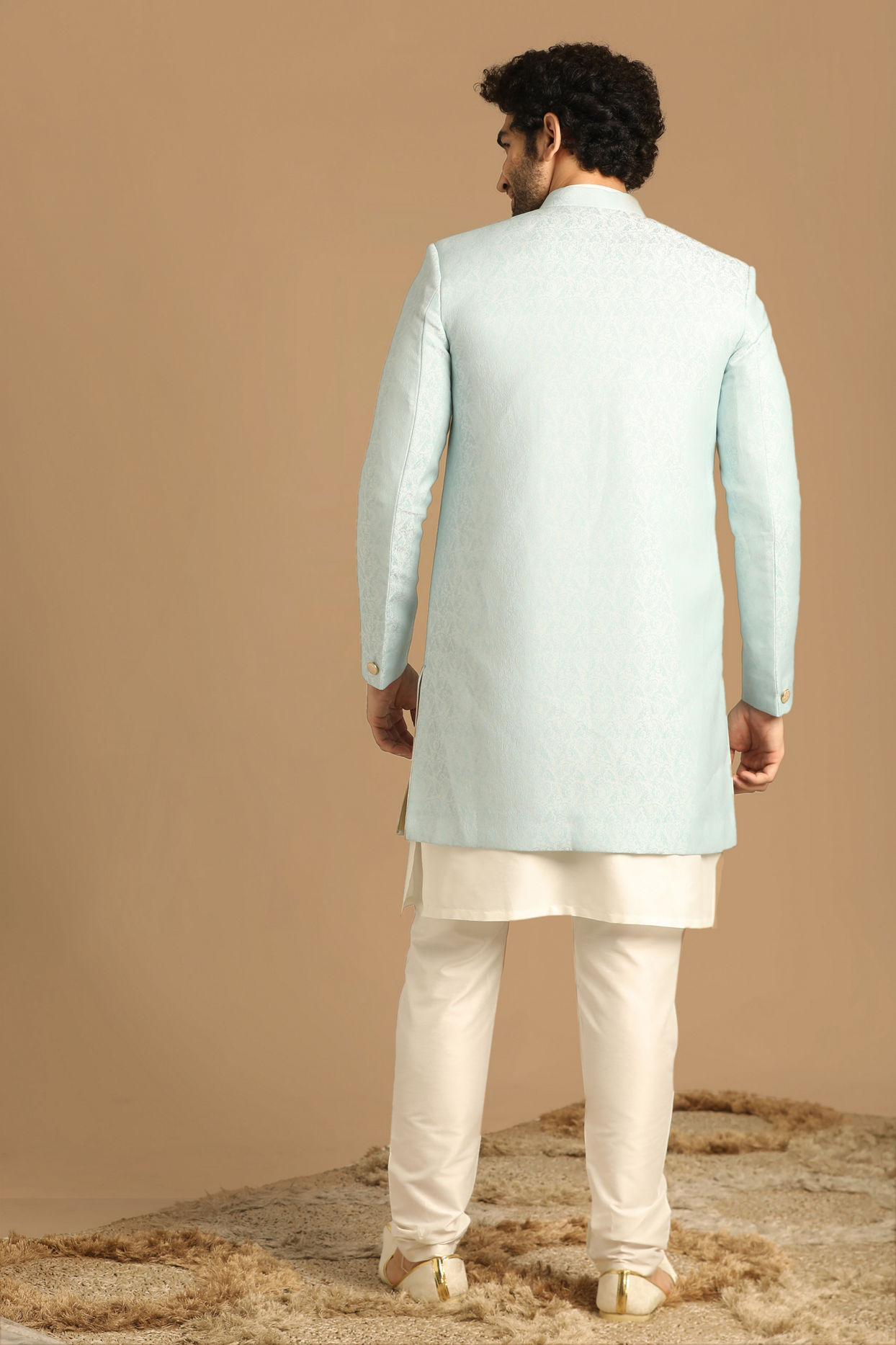 Manyavar Men Lavish Light Blue Indo Western Set