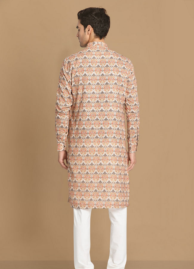 Manyavar Men Light Orange Printed Kurta