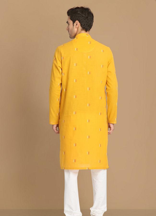Manyavar Men Yolk Yellow Printed Kurta