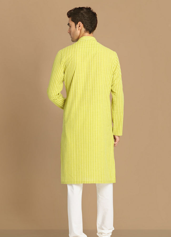 alt message - Manyavar Men Lime Green Self Striped Kurta image number 2