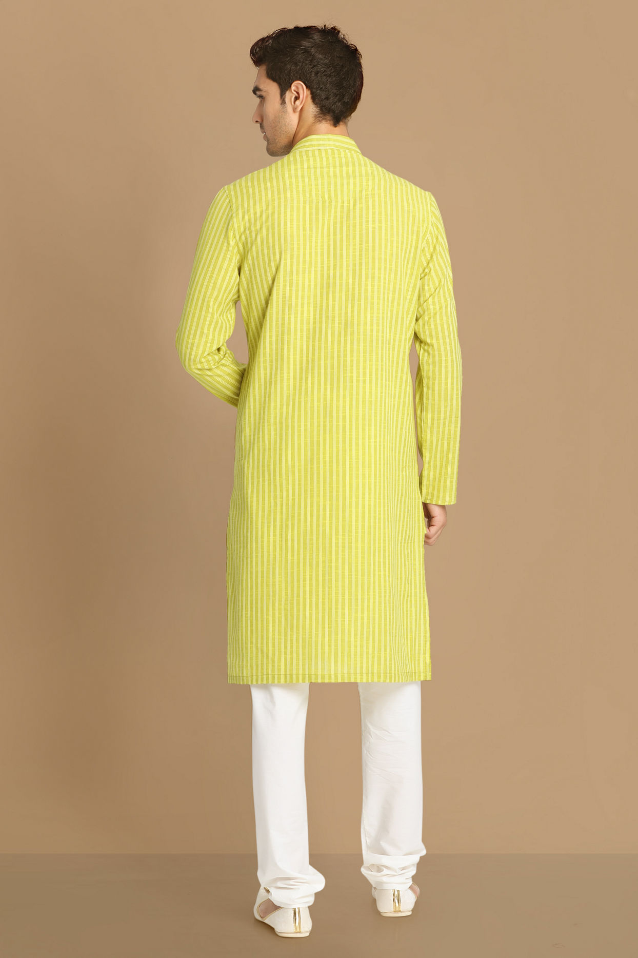 Manyavar Men Lime Green Self Striped Kurta