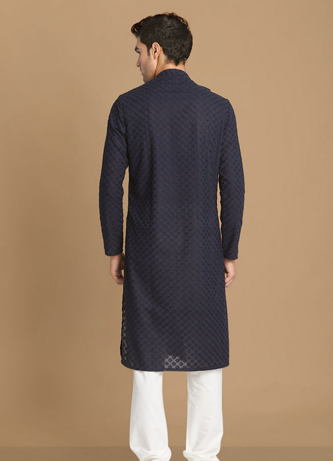 Manyavar Men Navy Blue Side Open Chikankari Kurta Set