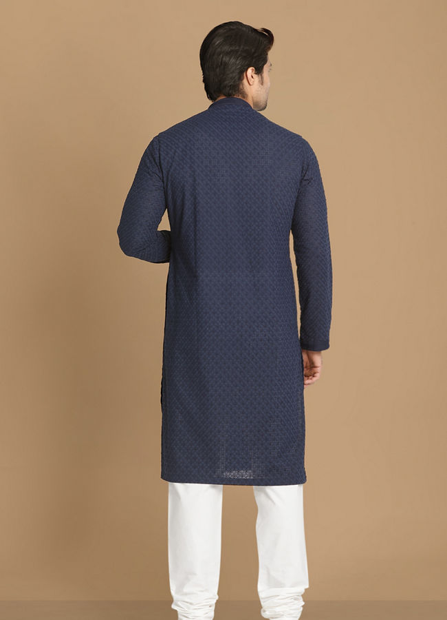 Manyavar Men Royal Blue Chikankari Kurta Set