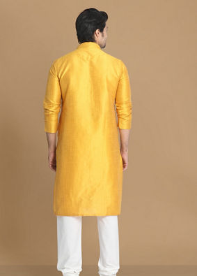 alt message - Manyavar Men Golden Yellow Solid Kurta Set image number 2