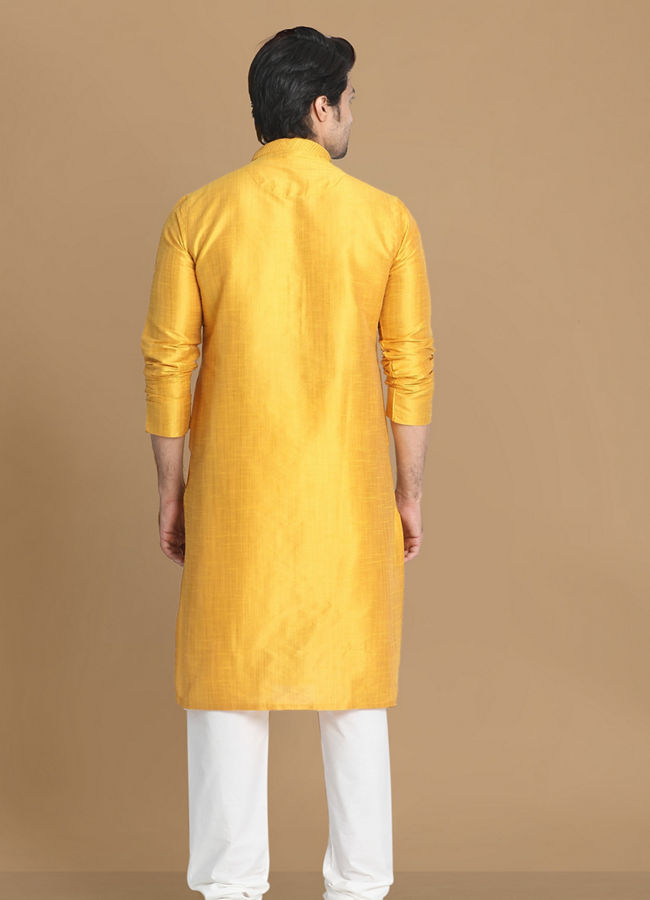 alt message - Manyavar Men Golden Yellow Solid Kurta Set image number 2