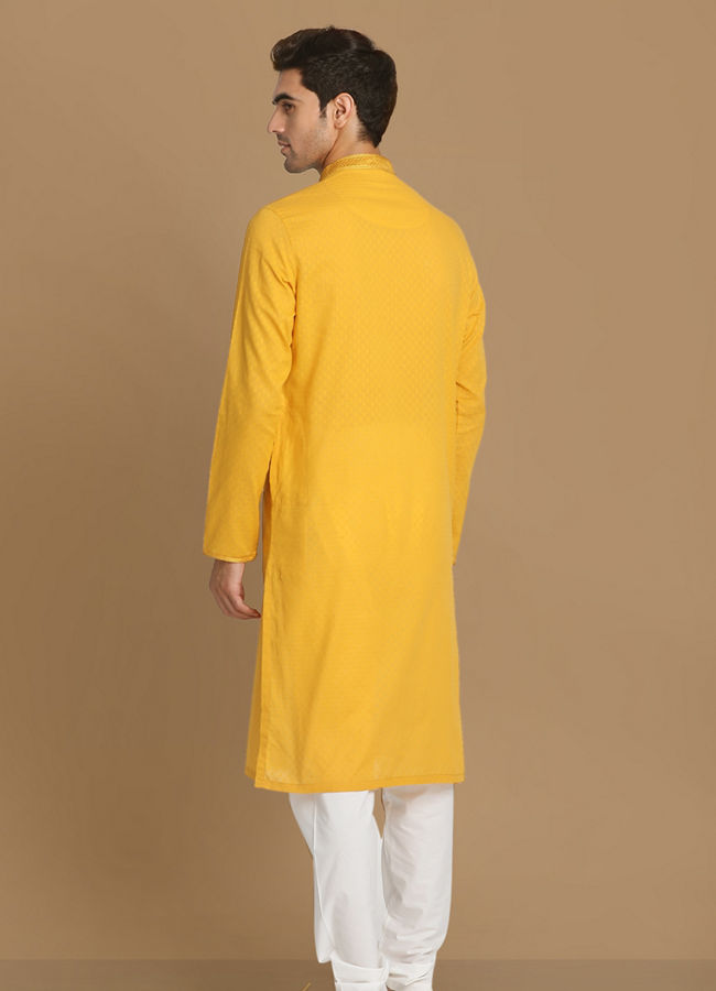 Manyavar Men Mustard Yellow Self Booti Kurta Set