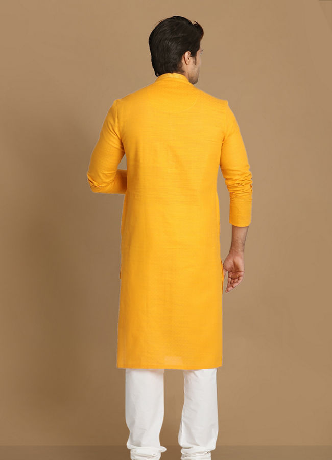 Manyavar Men Mustard Yellow Solid Kurta Pajama