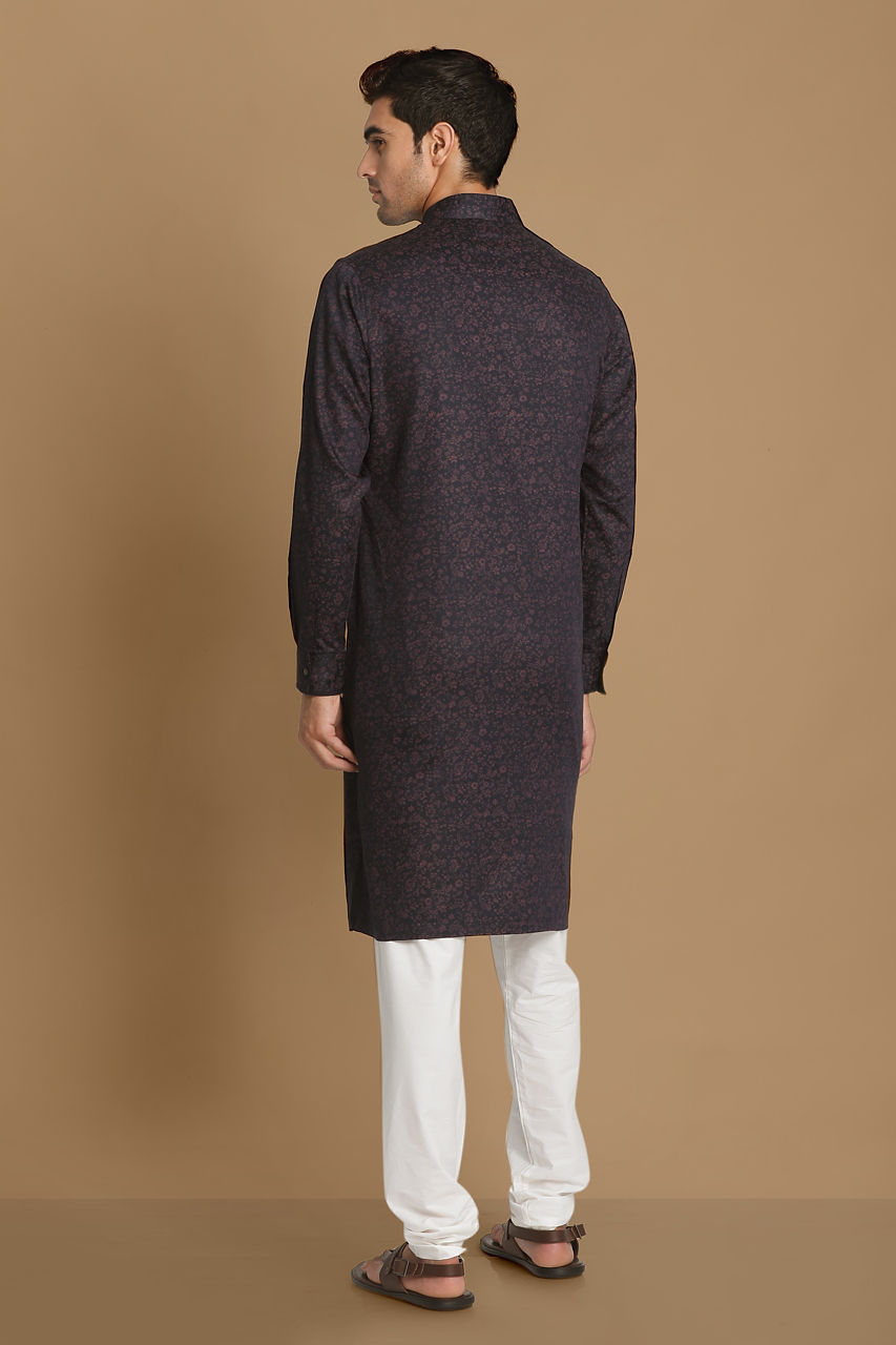 Manyavar Men Floral Printed Blue Kurta