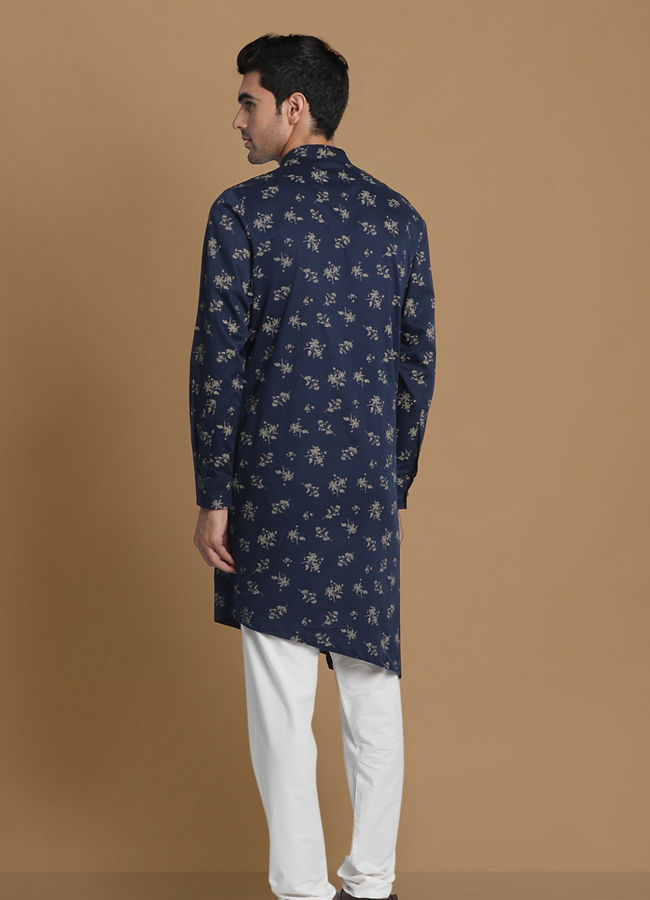 Manyavar Men Blue Floral Side Open Kurta