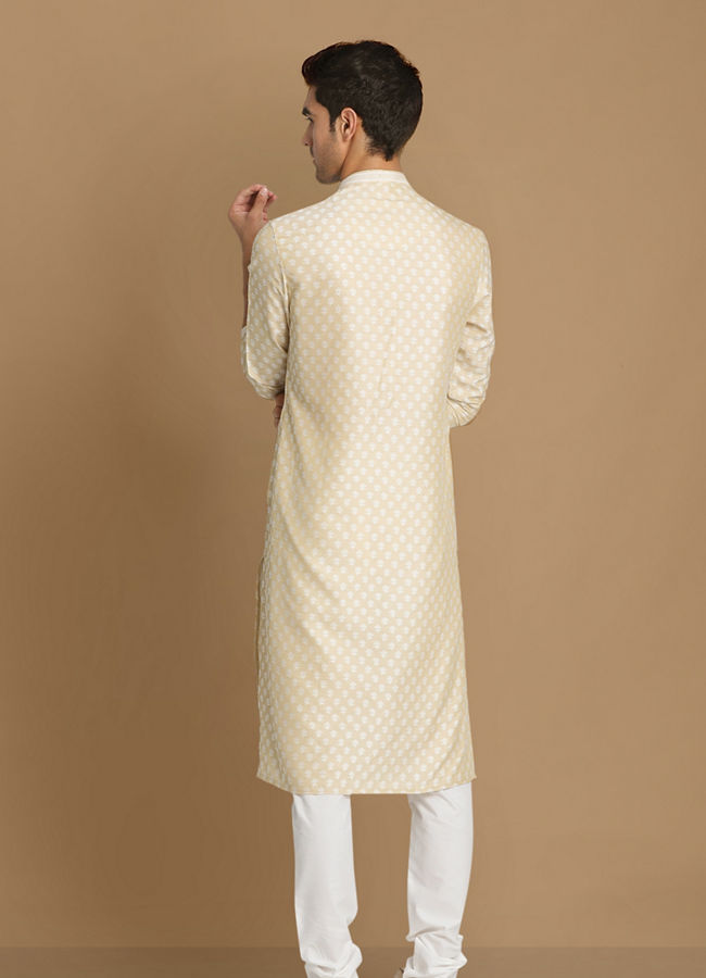 Manyavar Men Light Cream Jaquard Kurta Pajama