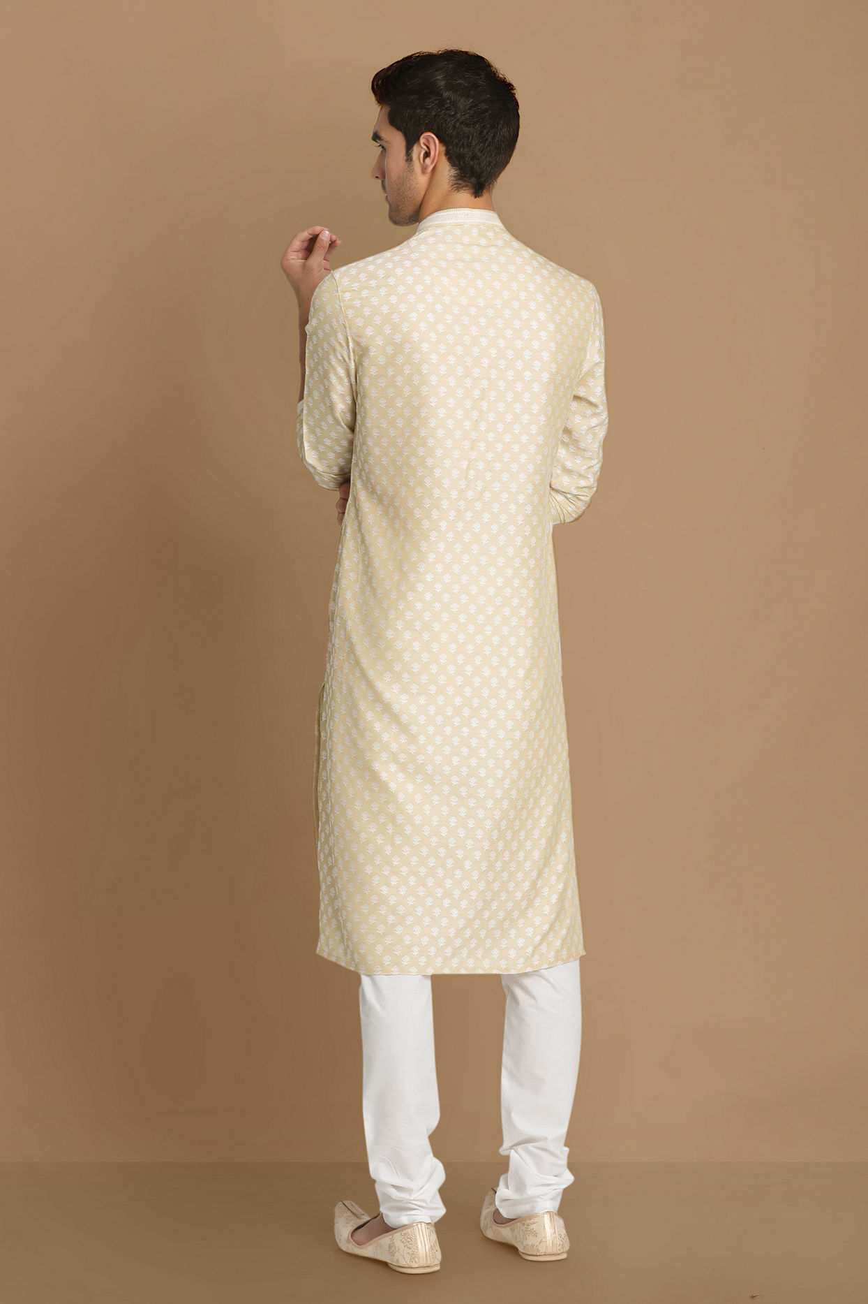 Manyavar Men Light Cream Jaquard Kurta Pajama