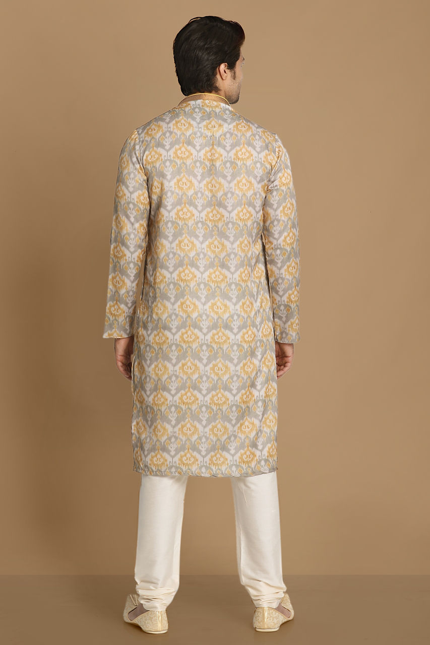 Manyavar Men Orange Grey Printed Kurta Set