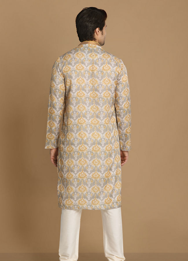 Manyavar Men Orange Grey Printed Kurta Set