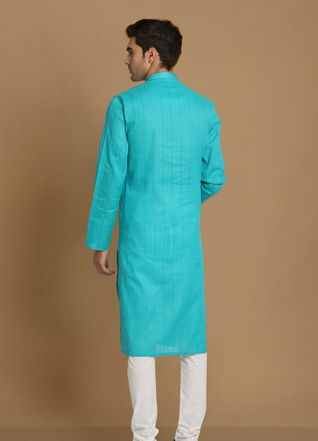 Manyavar Men Turquoise Green Self Striped Kurta Set