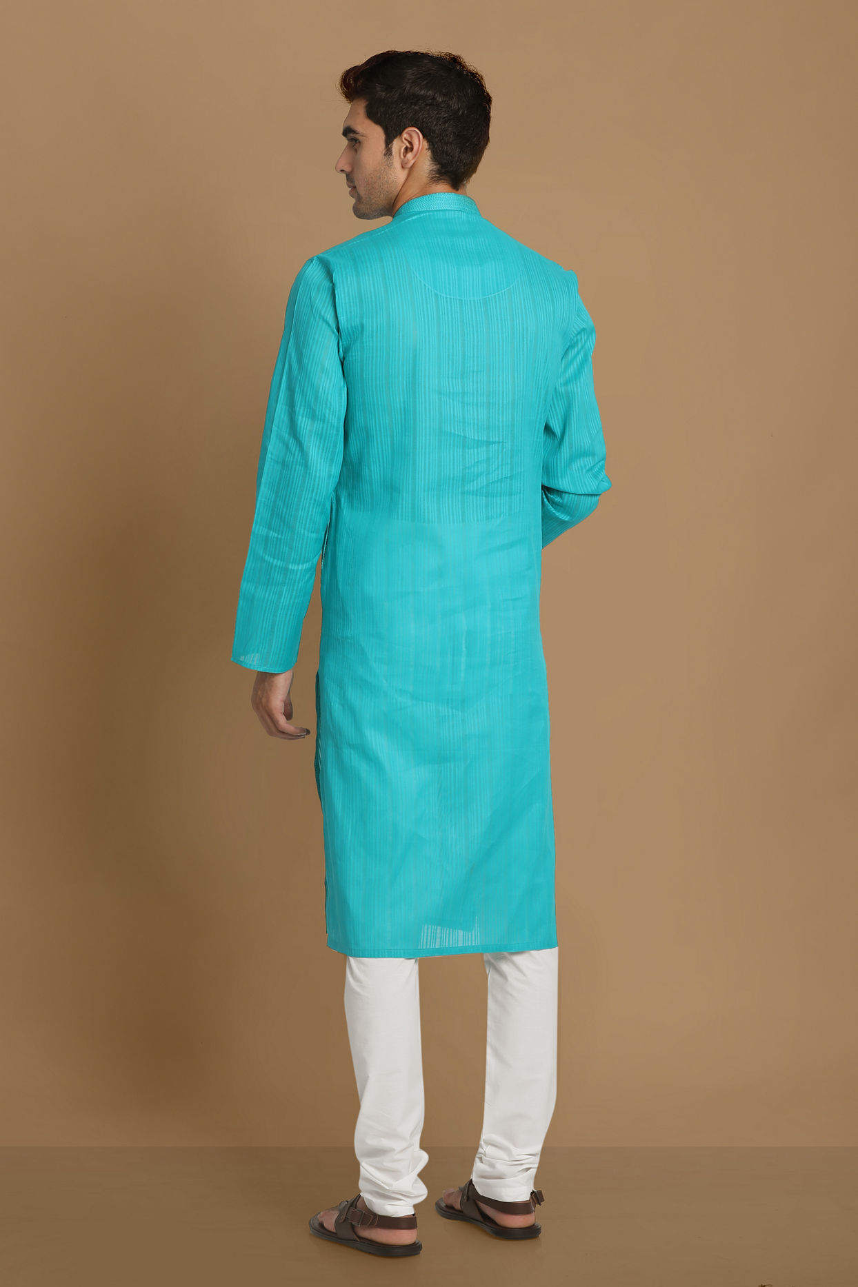 Manyavar Men Turquoise Green Self Striped Kurta Set