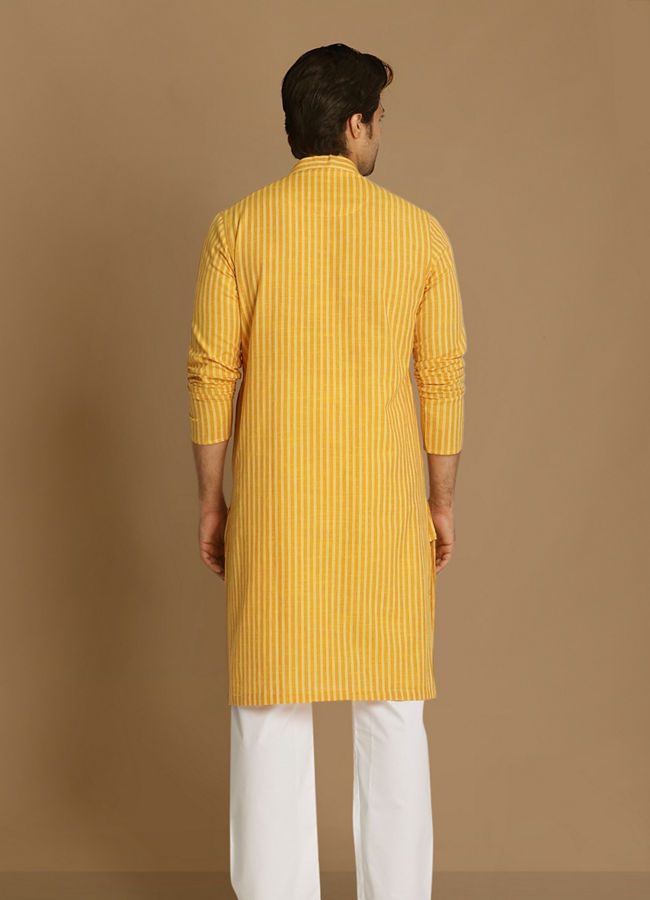 Manyavar Men Light Yellow Self Striped Kurta