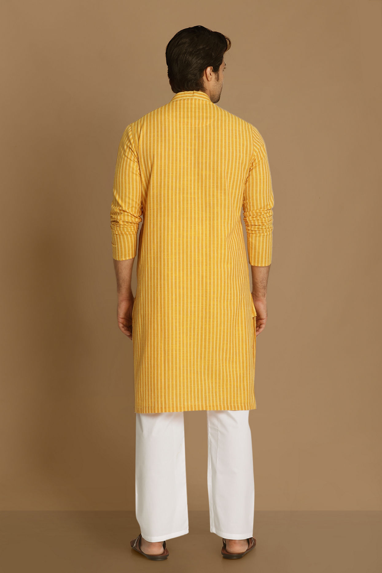 Manyavar Men Light Yellow Self Striped Kurta