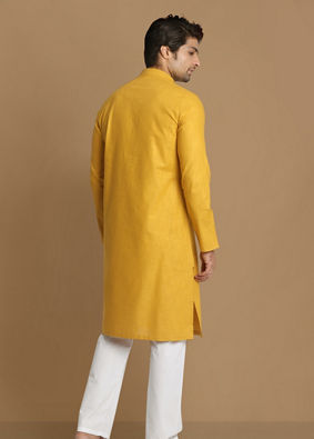 alt message - Manyavar Men Daffodil Yellow Self Design Kurta image number 2