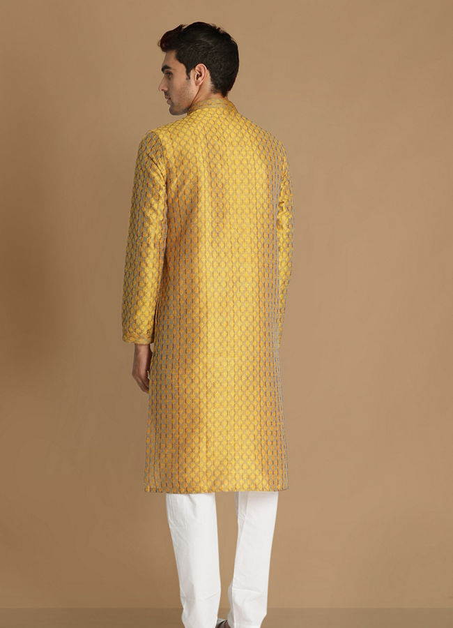 Manyavar Men Molten Gold Yellow Jacquard Kurta Set