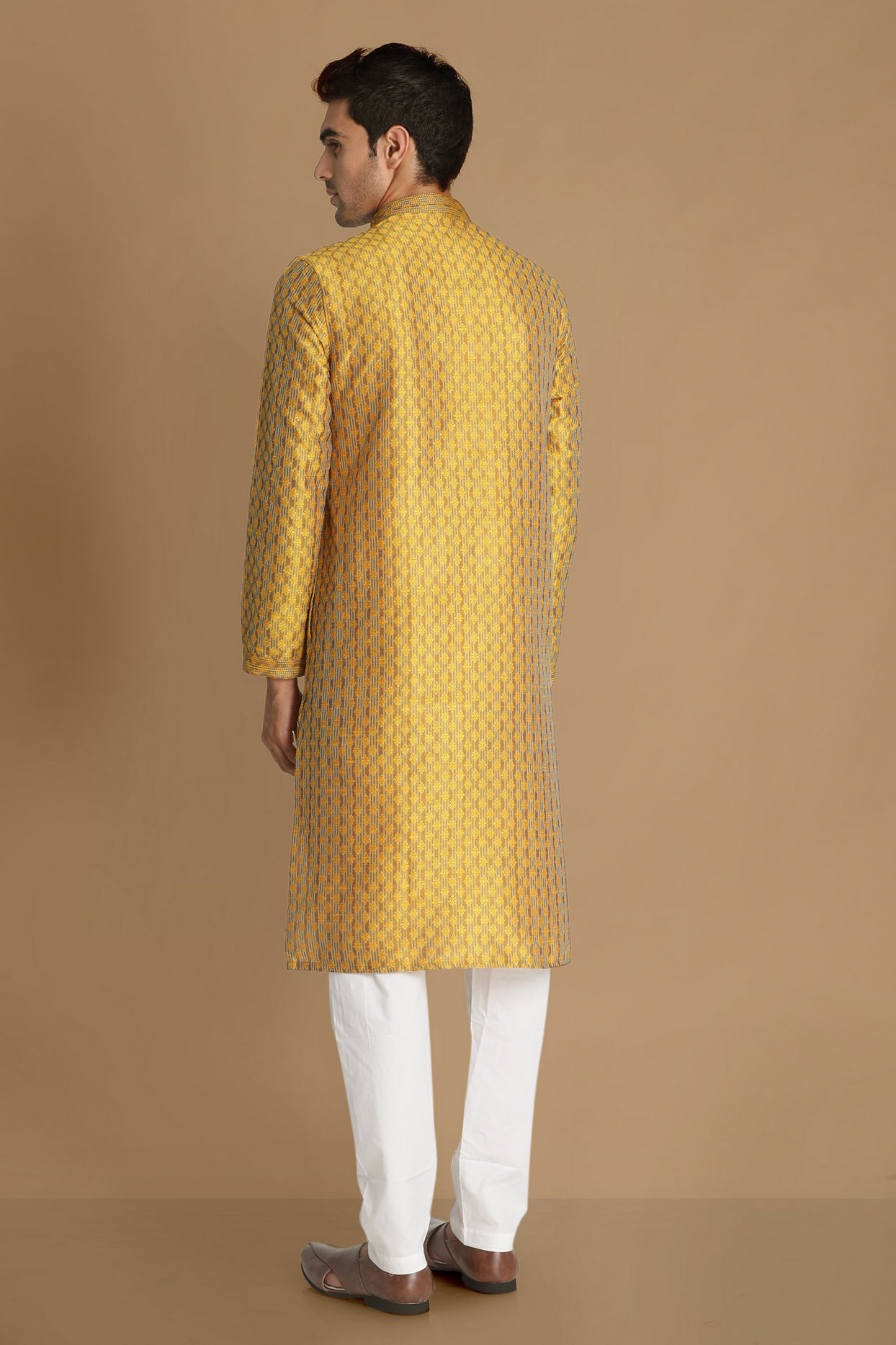 Manyavar Men Molten Gold Yellow Jacquard Kurta Set