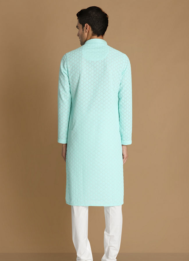 Manyavar Men Mint Green Chikankari Kurta Set image number 2