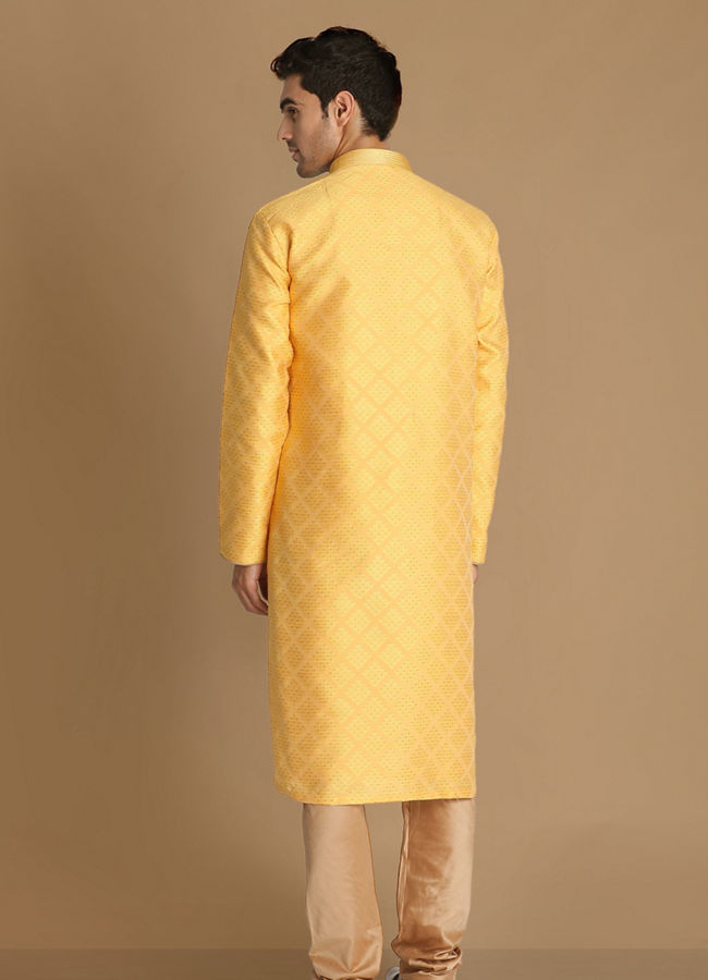 Manyavar Men Light Yellow Jacquard Kurta Set