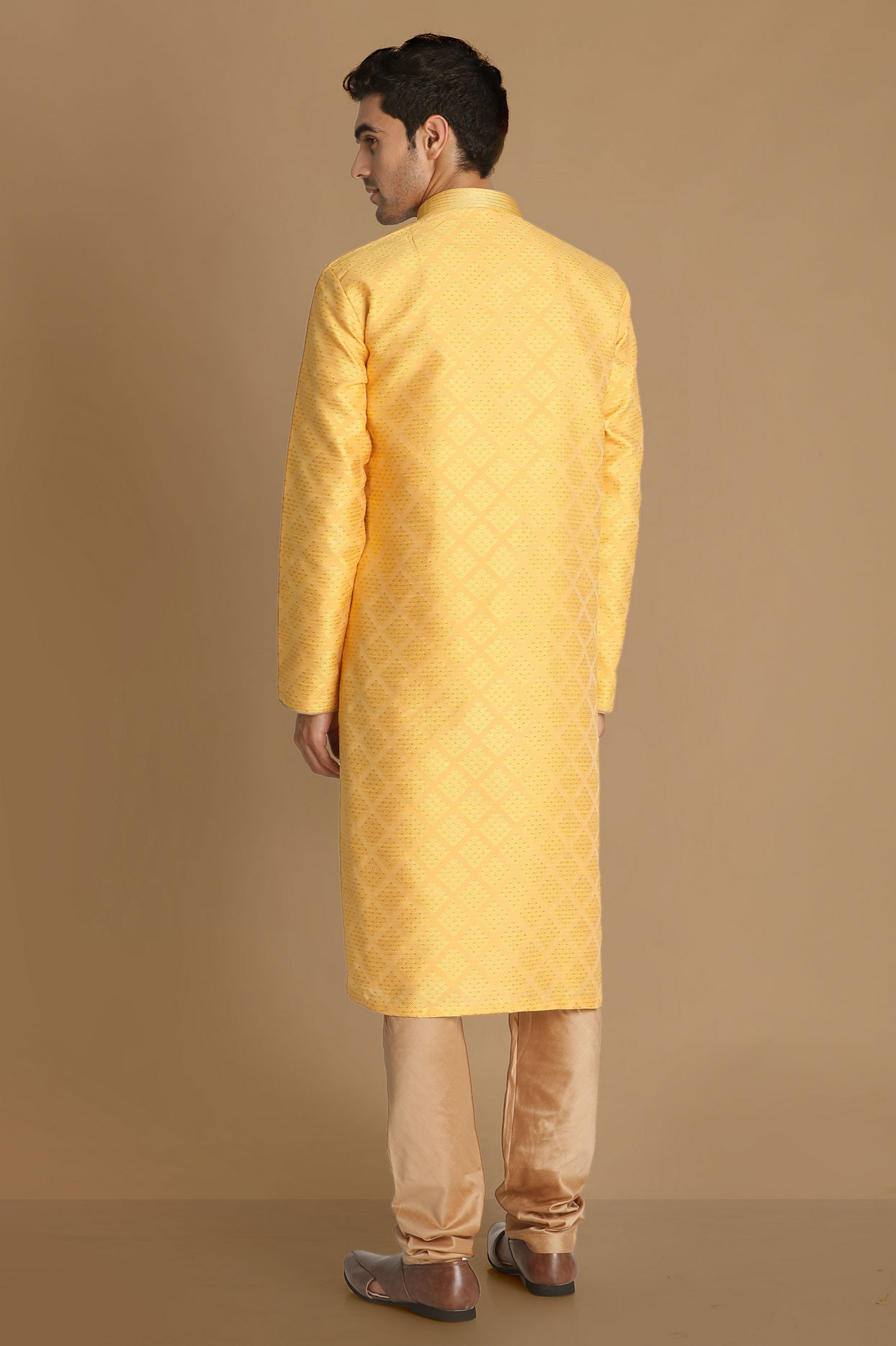 Manyavar Men Light Yellow Jacquard Kurta Set