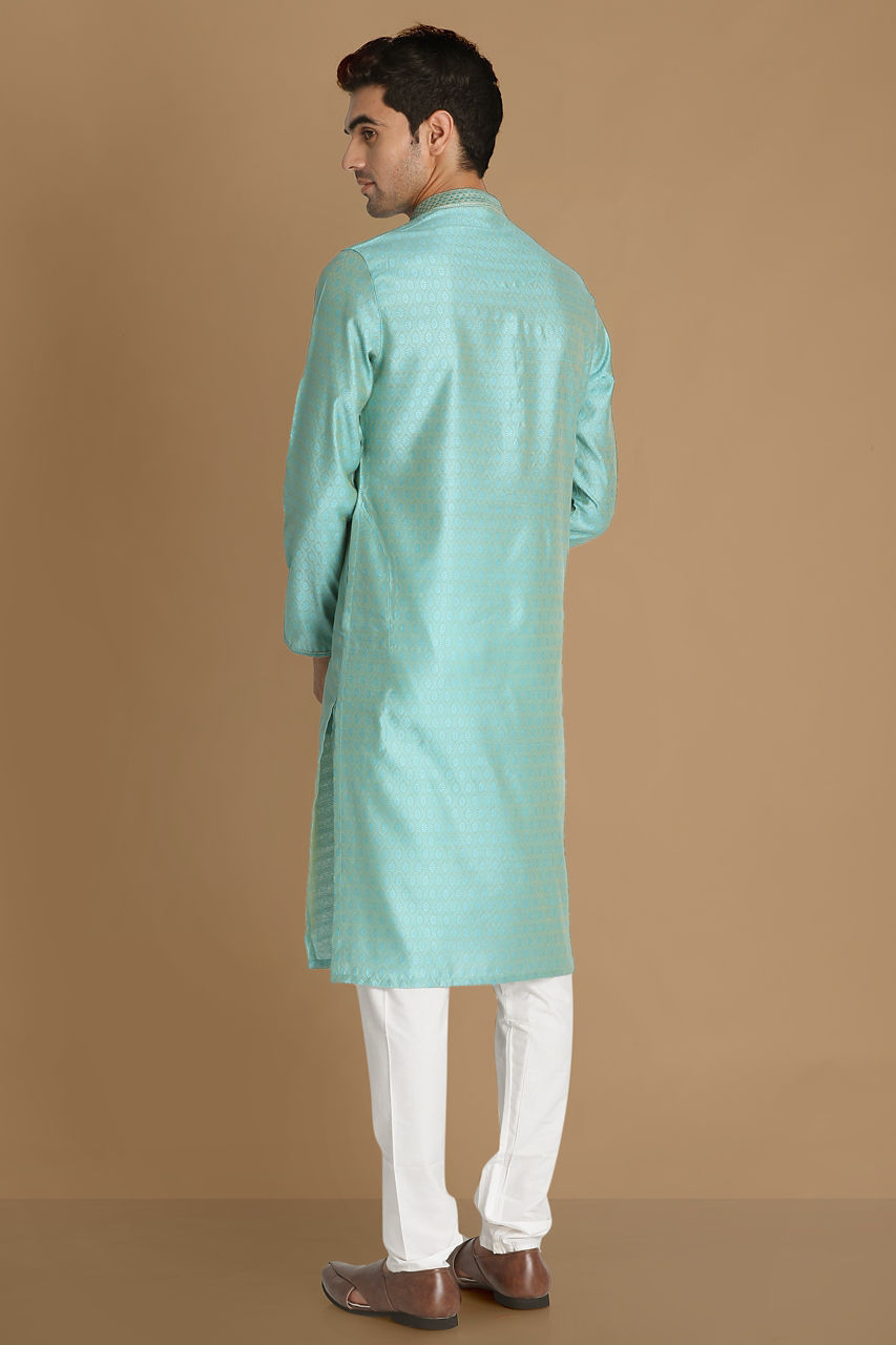 Manyavar Men Pastel Blue Self Design Kurta Pajama
