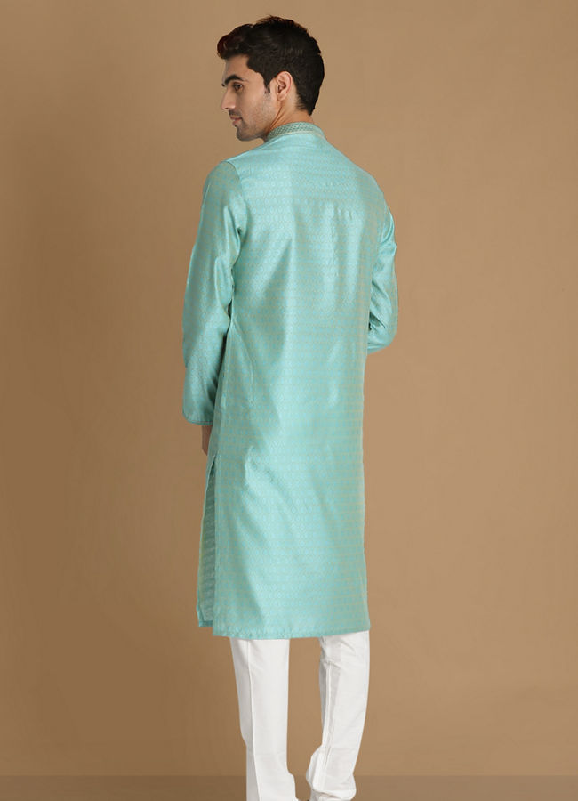 Manyavar Men Pastel Blue Self Design Kurta Pajama