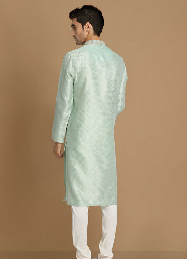 Manyavar Men Pastel Green Self Design Kurta Pajama
