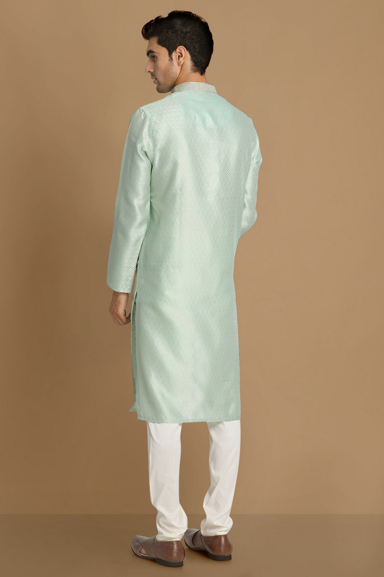 Manyavar Men Pastel Green Self Design Kurta Pajama