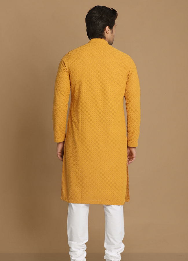 Manyavar Men Mustard Side Open Kurta With Chikankari Work