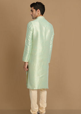 alt message - Manyavar Men Light Green Jacquard Kurta Set image number 2