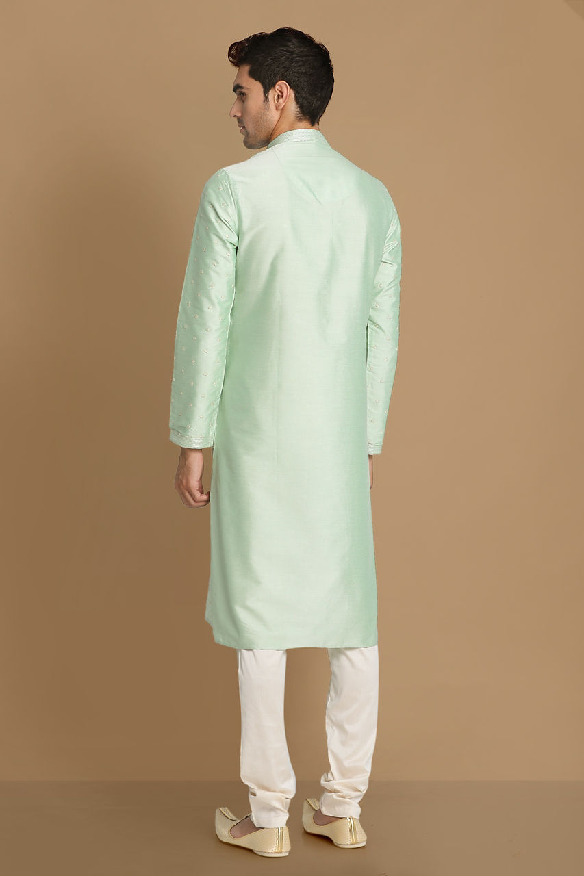 Manyavar Men Pastel Green Embroidered Kurta Set
