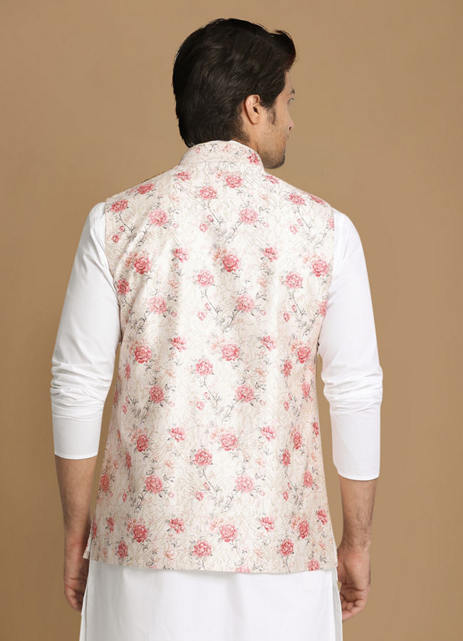 alt message - Manyavar Men Beige Jacket With Pink Floral Motifs image number 2