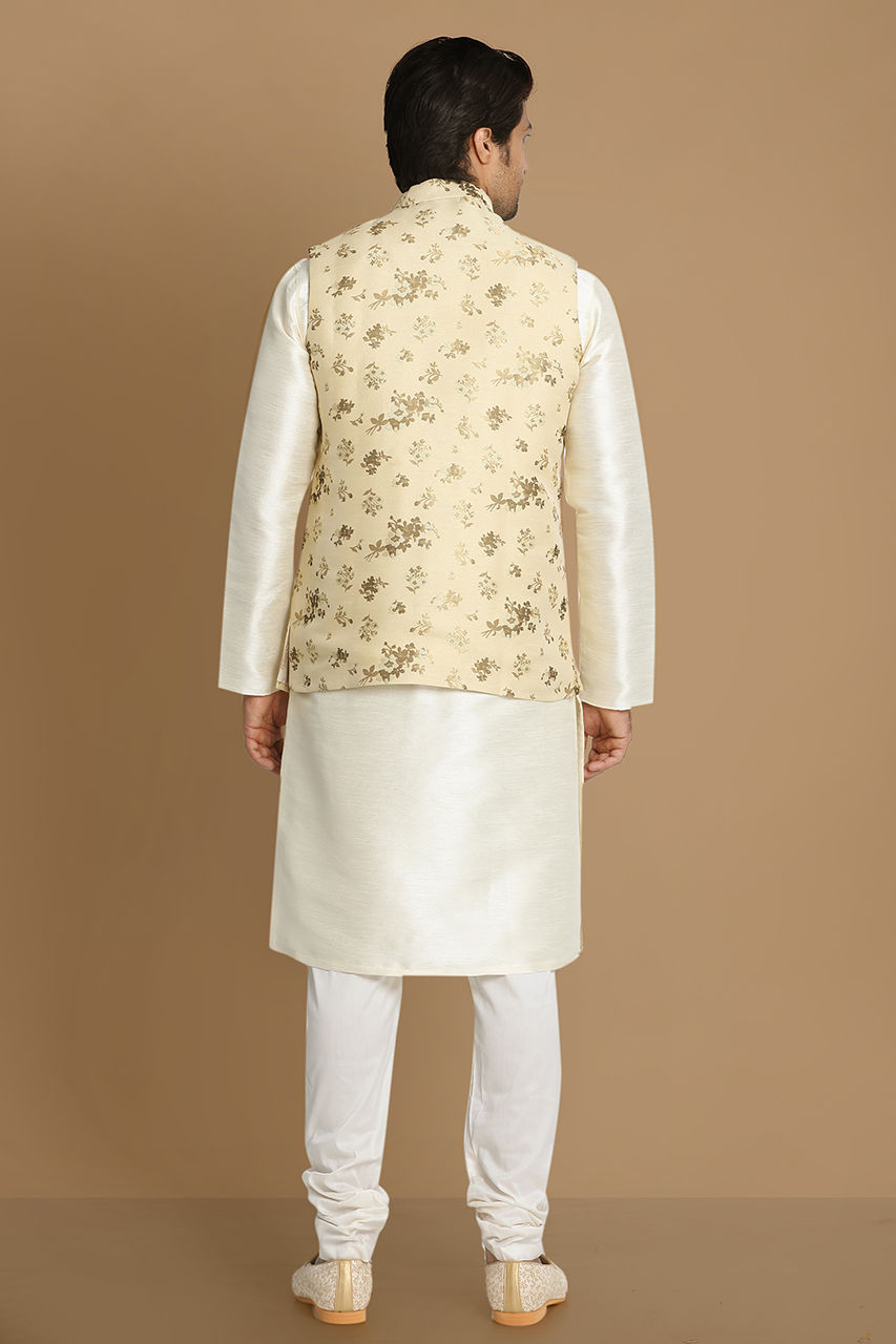 Manyavar Men Biege Floral Print Kurta Jacket Set