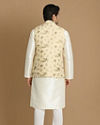 Manyavar Men Biege Floral Print Kurta Jacket Set