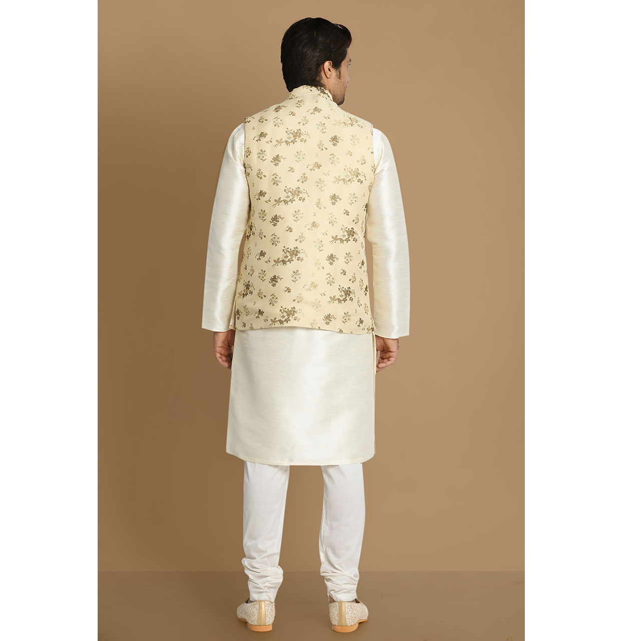 Manyavar Men Biege Floral Print Kurta Jacket Set