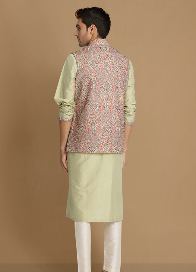 Manyavar Men Multicolored Jacket With Lime Green Kurta Set image number 2